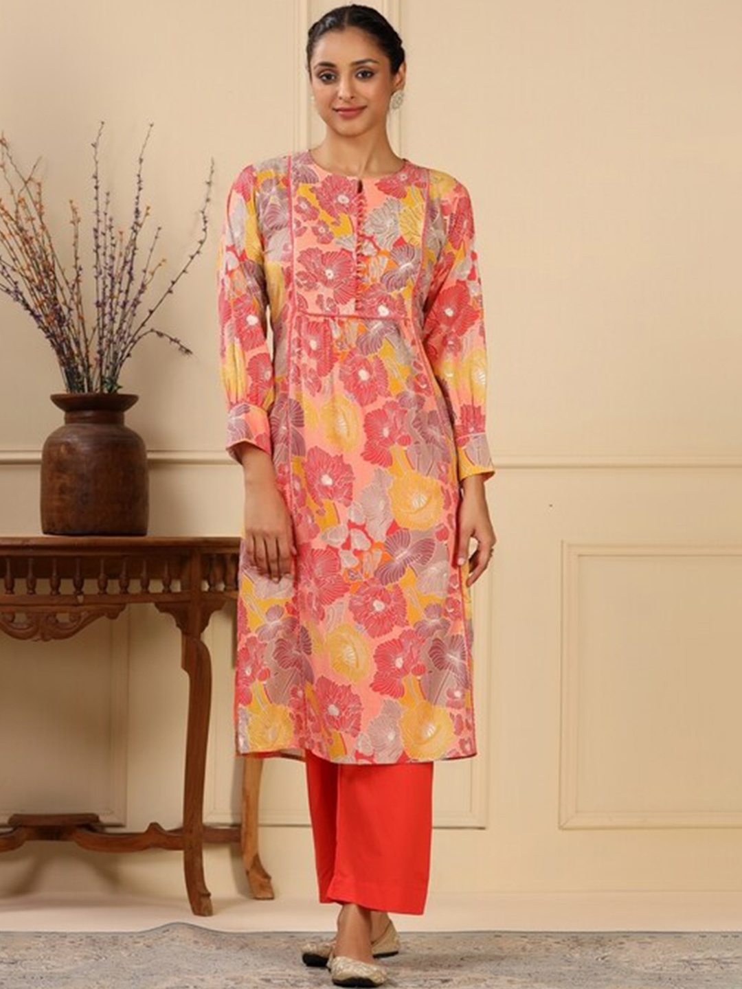 

KALINI Women Floral Printed Regular Thread Work Pure Cotton Kurta with Trousers, Red