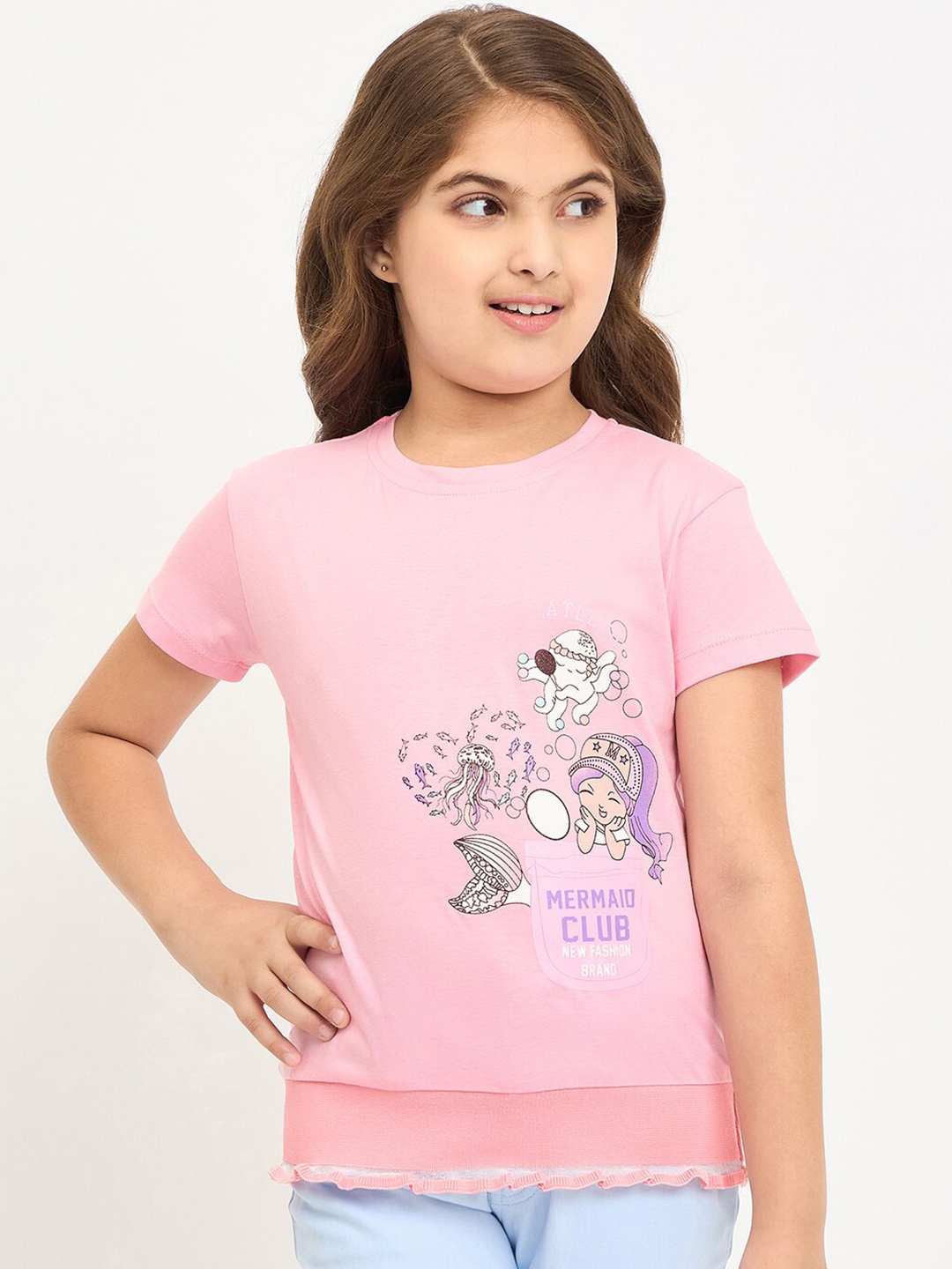 

PAMPOLINA Girls Graphic Printed Round Neck Cotton Regular Top, Pink