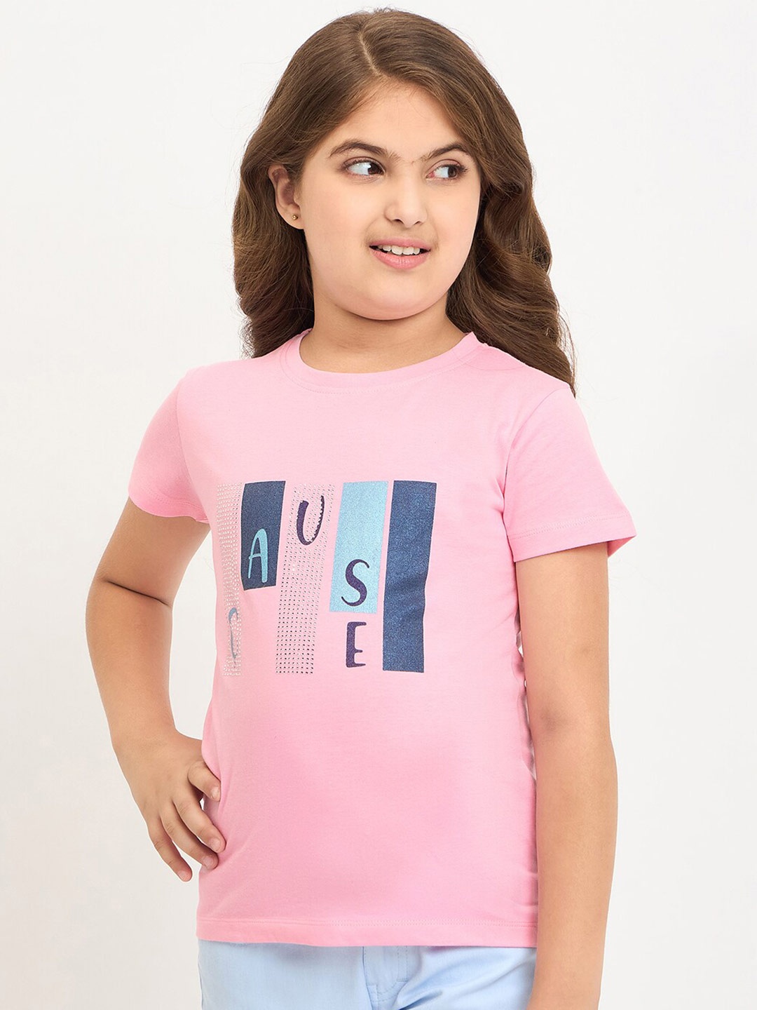 

PAMPOLINA Girls Typography Printed Round Neck Cotton regular Top, Pink