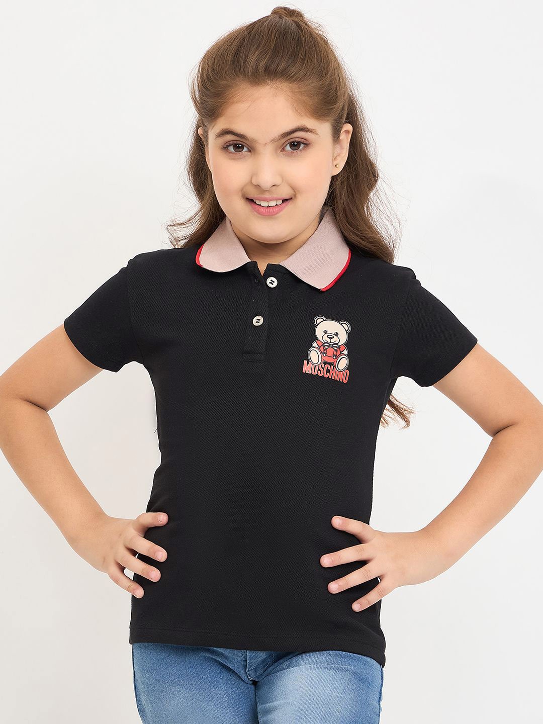 

PAMPOLINA Girls Polo Collar Short Sleeves Printed T-shirt, Black
