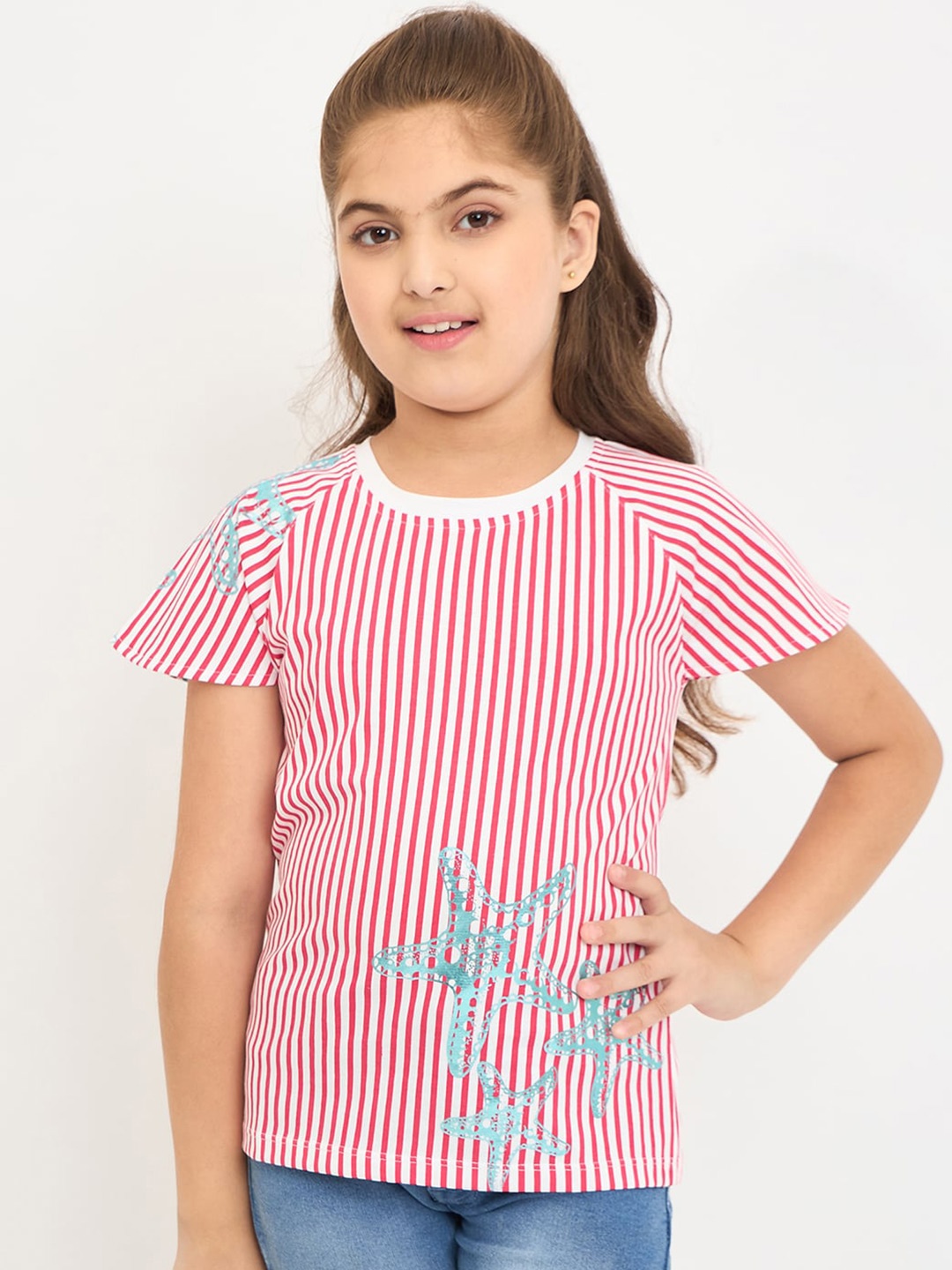 

PAMPOLINA Round Neck Striped Raglan Sleeves Cotton Top, Magenta