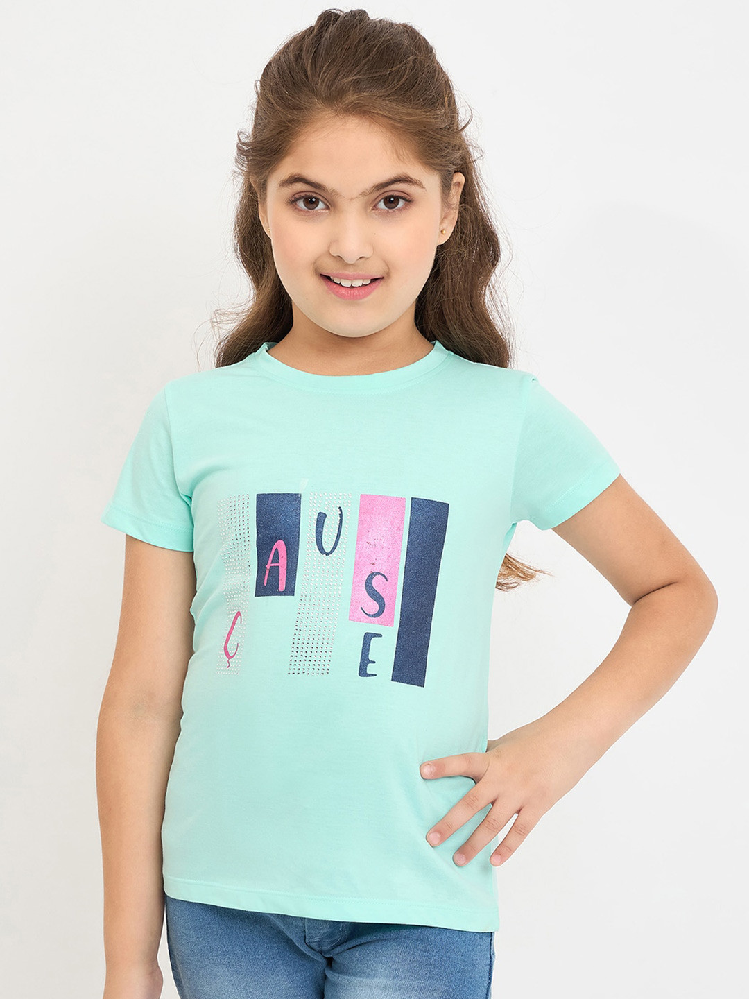 

PAMPOLINA Girls Typography Printed Cotton Regular Top, Blue