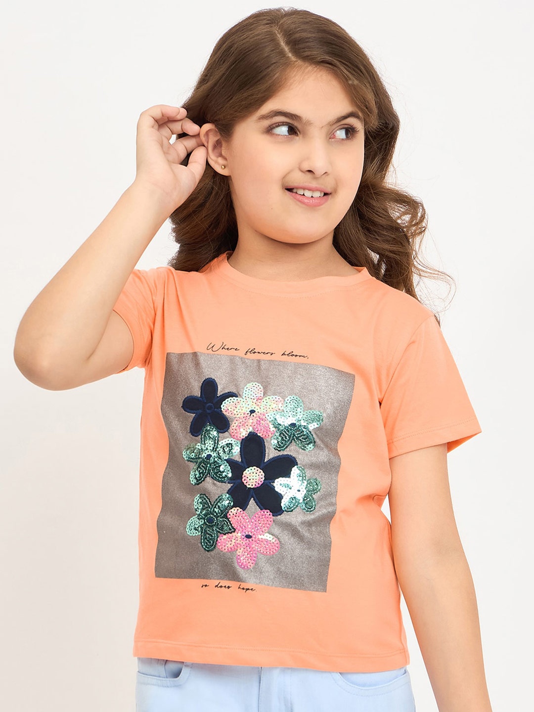 

PAMPOLINA Girls Floral Print Round Neck Regular Cotton Top, Orange