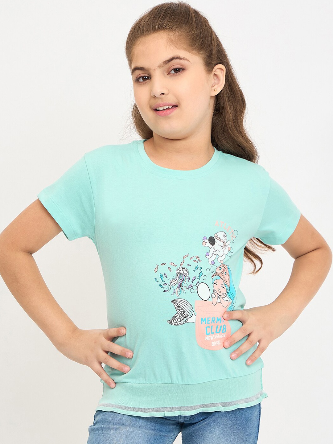 

PAMPOLINA Round Neck Short Sleeves Graphic Print Cotton Top, Blue