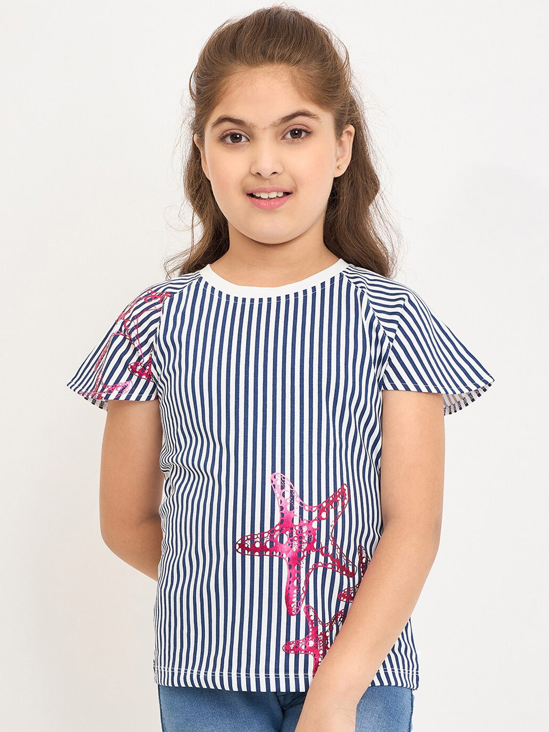 

PAMPOLINA Round Neck Raglan Sleeves Striped Cotton Top, Navy blue