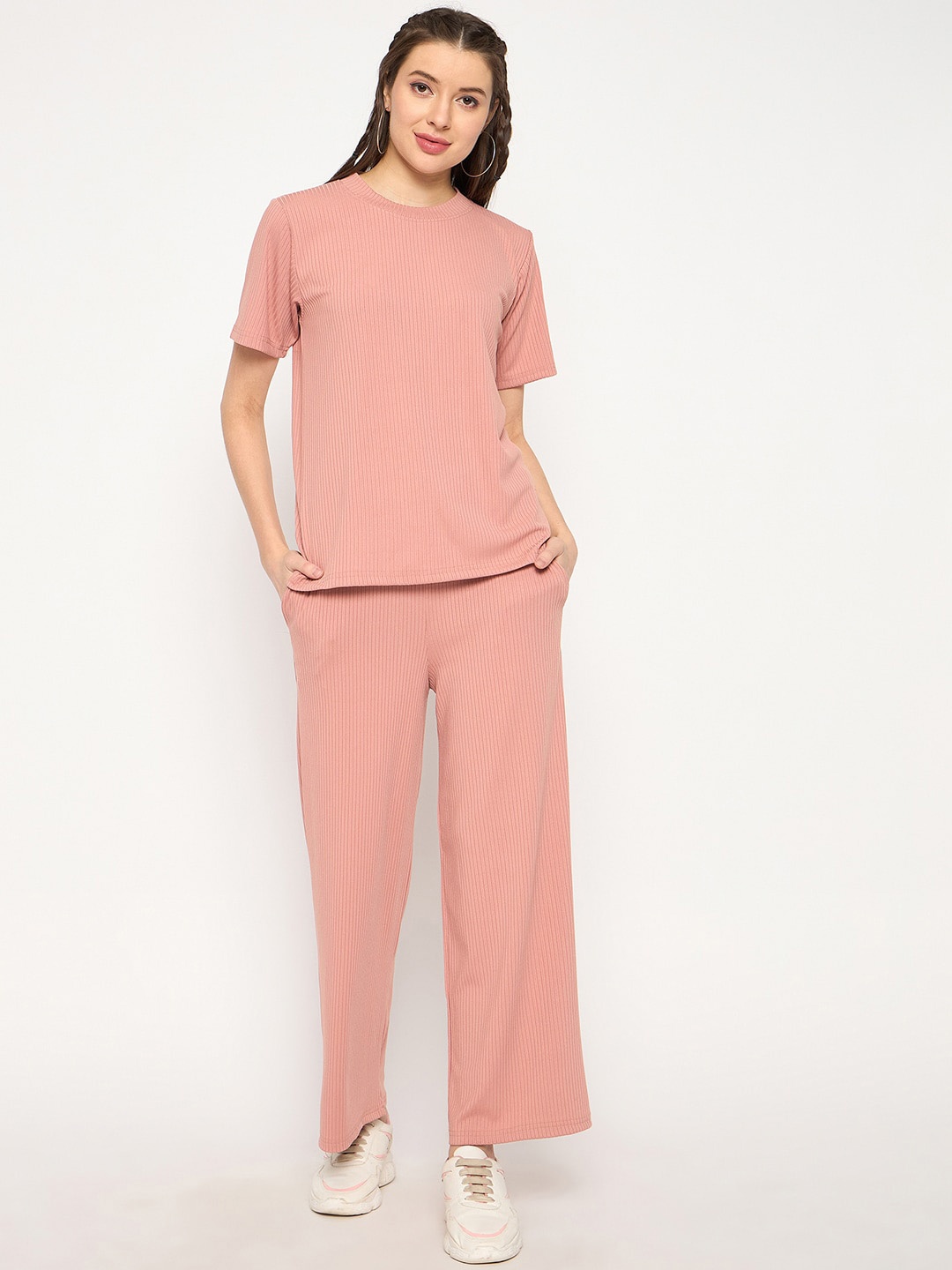 

Camey Women Ribbed T-shirt & Trousers, Pink
