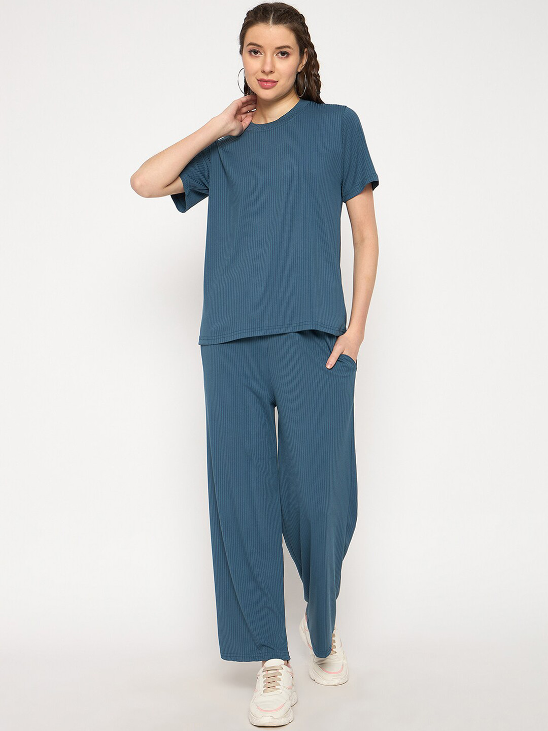 

Camey Striped Short Sleeves Night Suit, Teal
