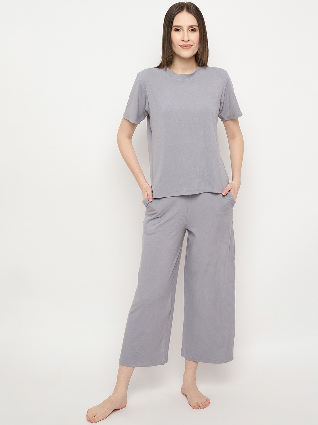 

Camey Striped Short Sleeves Night Suit, Grey