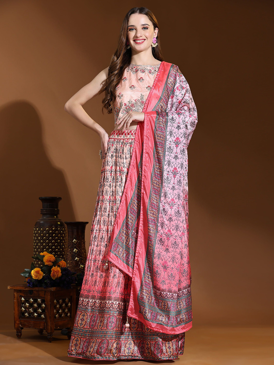 

AMOHA TRENDZ Embroidered Beads and Stones Ready to Wear Lehenga & Blouse With Dupatta, Pink