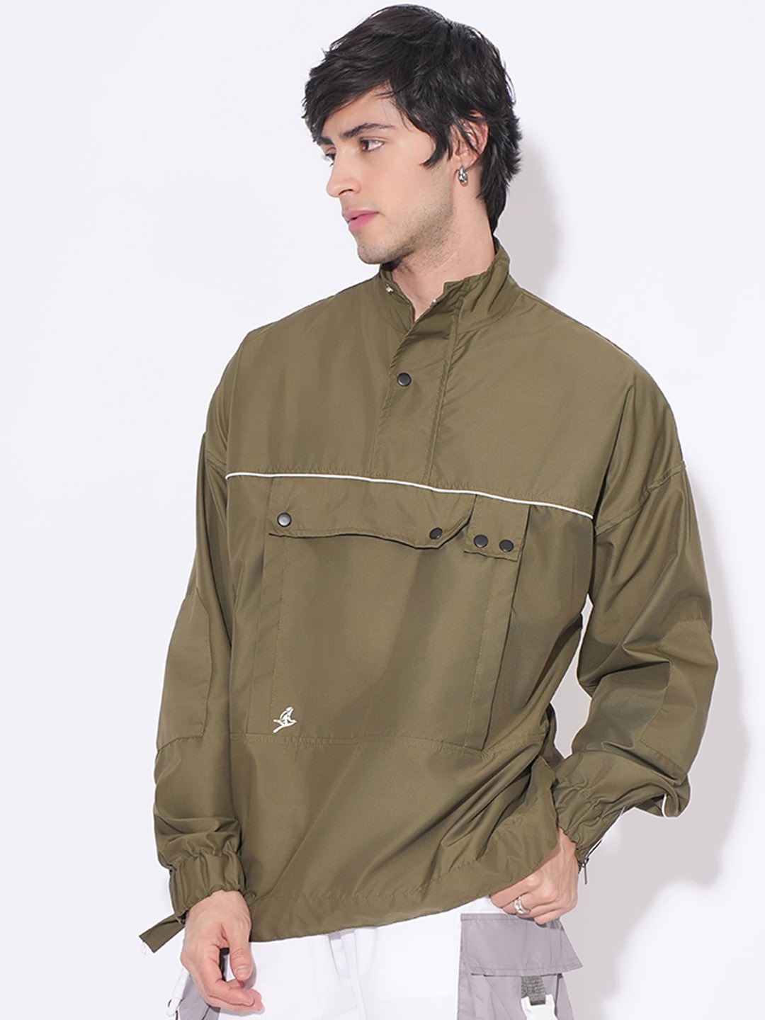 

KOLORTHERAPI Mock Collar Windcheater Oversized Tailored Jacket, Olive