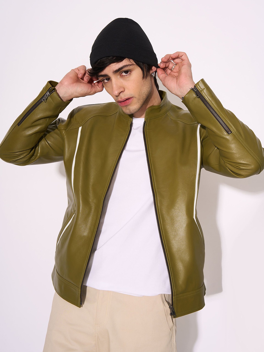 

KOLORTHERAPI Stand Collar Leather Biker Jacket, Olive