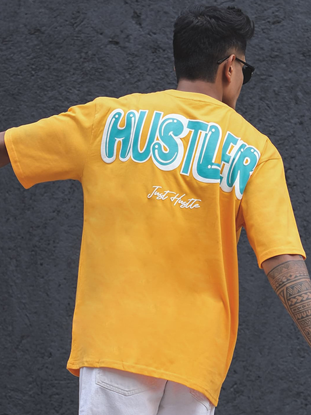 

Powerlook Mustard Yellow Typography Printed Cotton Oversized T-shirt