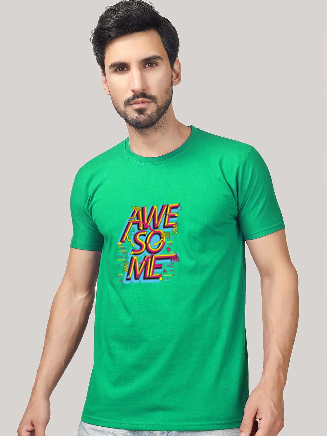 

Greylongg Typography Printed Round Neck Applique Cotton T-shirt, Green