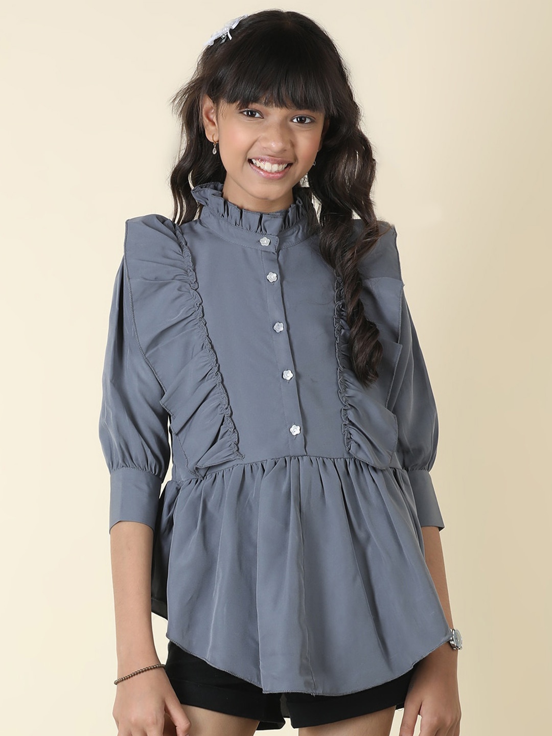 

Cutiekins Girls Mandarin Collar Ruffles Shirt Style Top, Grey