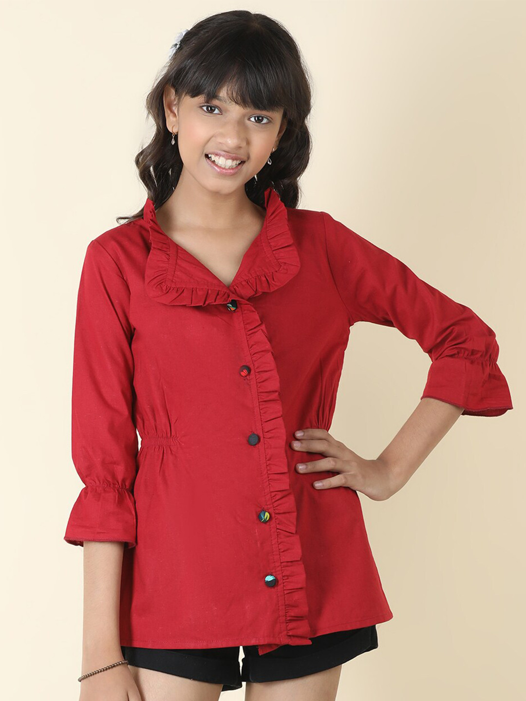 

Cutiekins Shirt Collar Three-Quarter Sleeves Cotton Shirt Style Top, Maroon