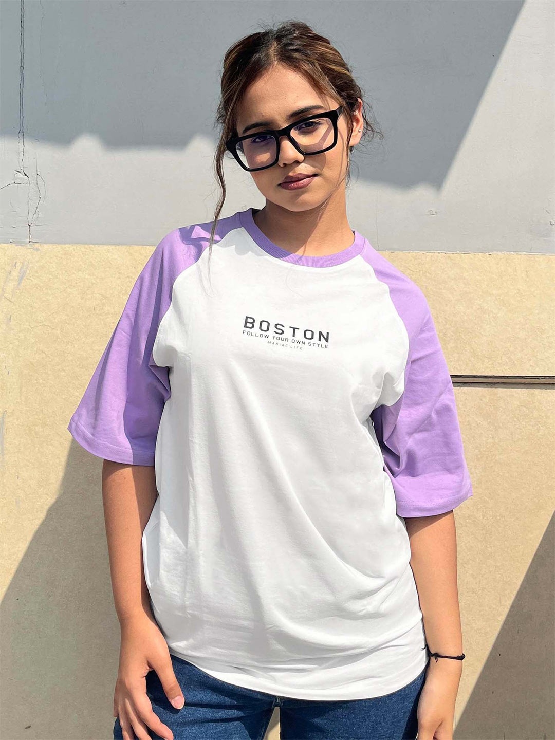 

Maniac Colourblocked Cotton Oversized Tshirt, Purple