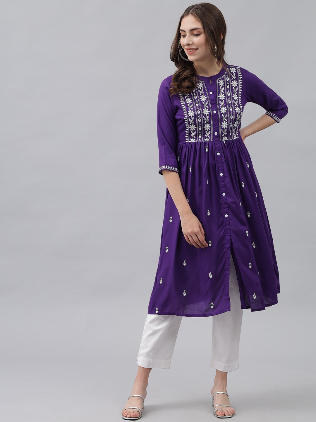 

ANGITA Floral Embroidered Mandarin Collar Neck Anarkali Kurta, Purple