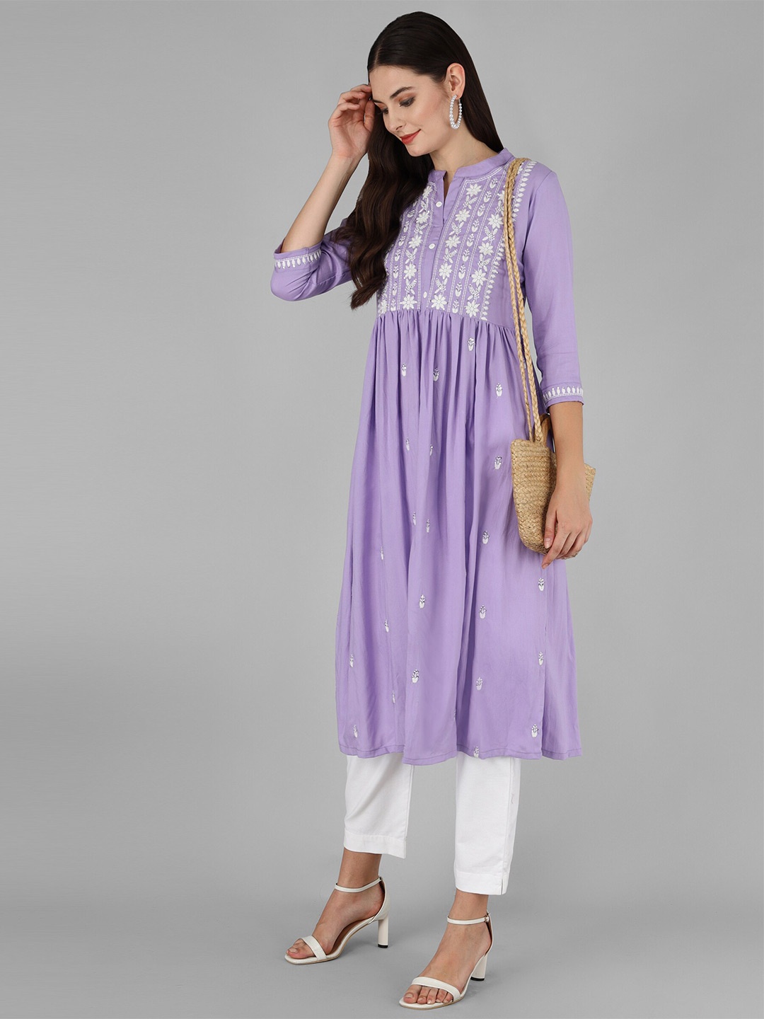 

ANGITA Embroidered Mandarin Collar Neck Anarkali Kurta, Lavender