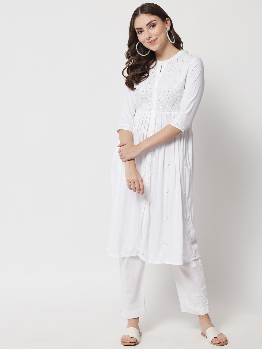 

ANGITA Floral Embroidered Sequinned Kurta, White