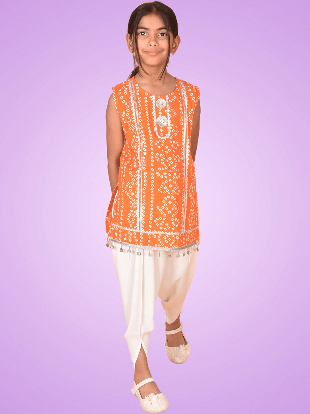 

BAESD Girls Bandhani Printed Regular Gotta Patti Pure Cotton Straight Kurti Set, Orange