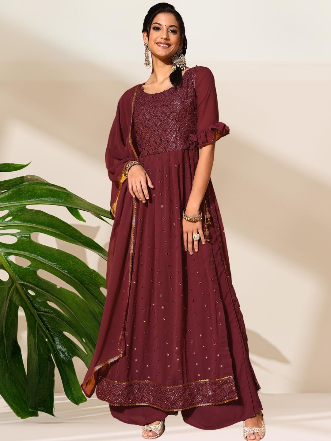 

Chhabra 555 Embroidered A-Line Kurta With Palazzo & Dupatta Set, Maroon