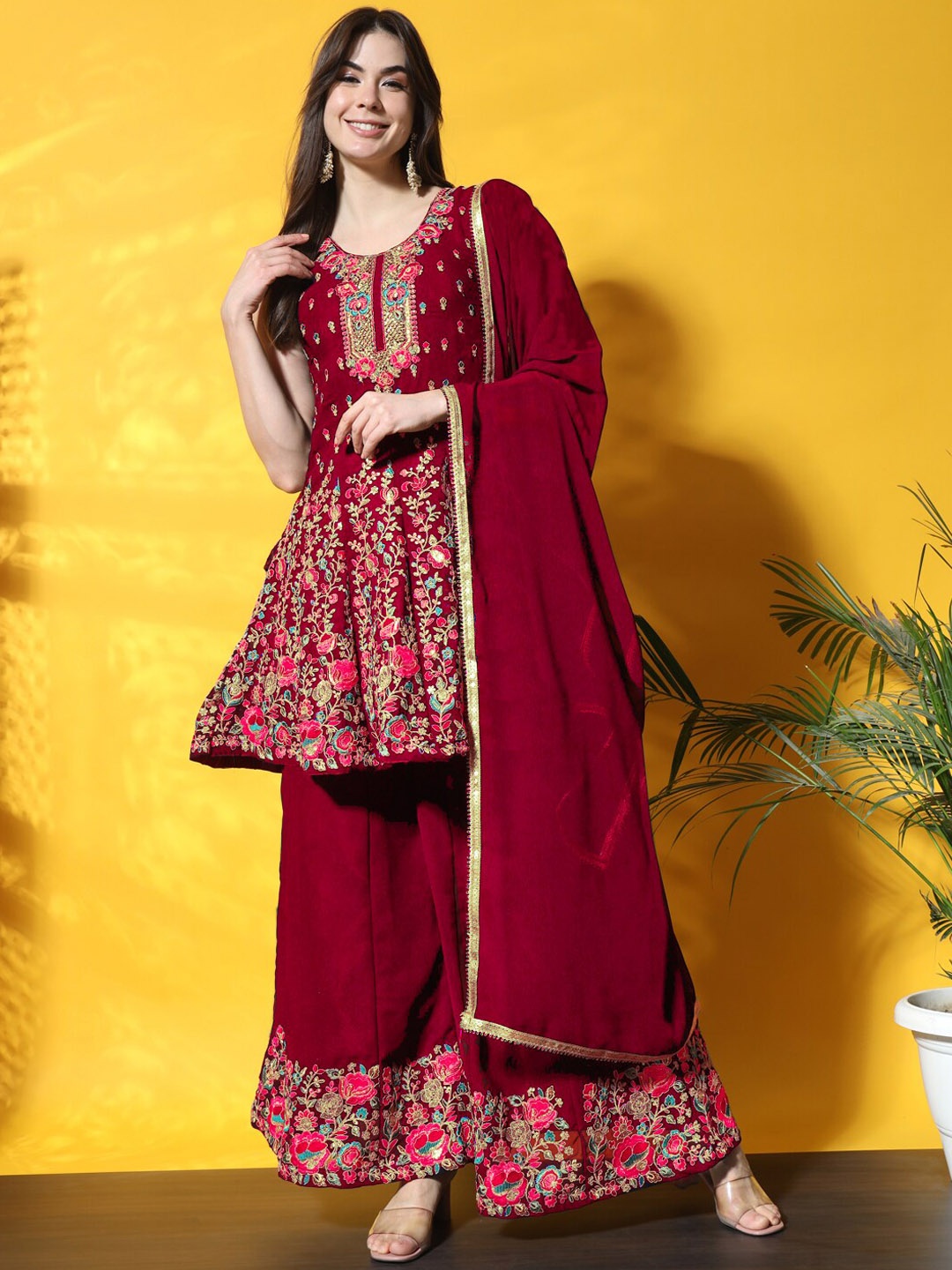 

Chhabra 555 Embroidered Round Neck A-Line Kurti With Palazzo & Dupatta, Red