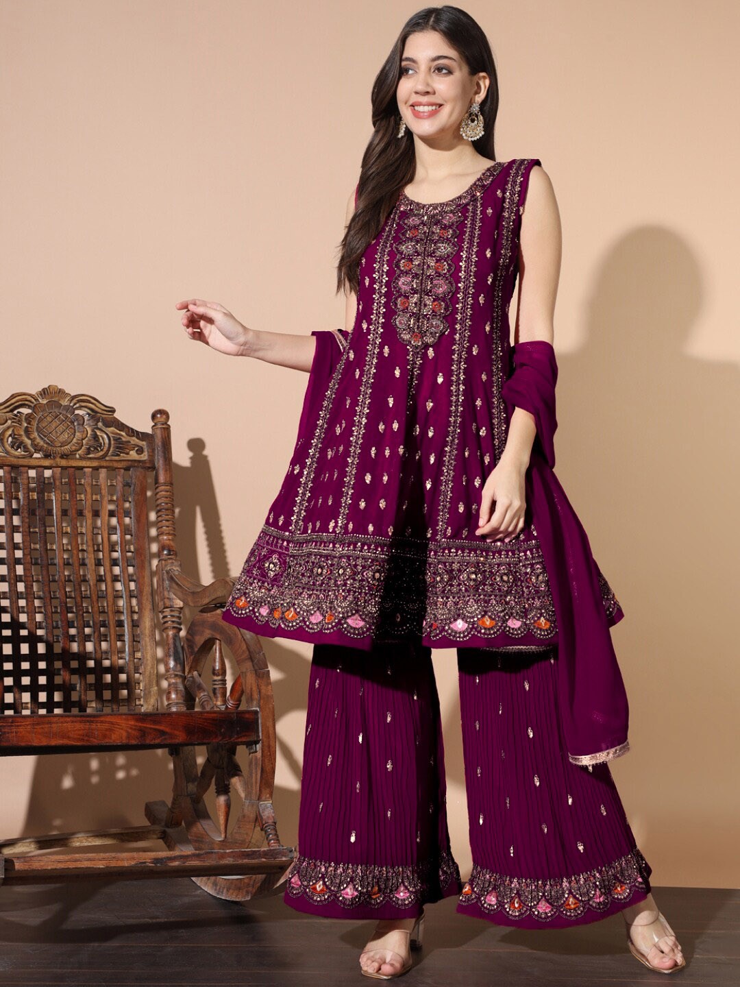 

Chhabra 555 Ethnic Motifs Embroidered Aari Work Scoop Neck Kurta Palazzo & Dupatta, Purple