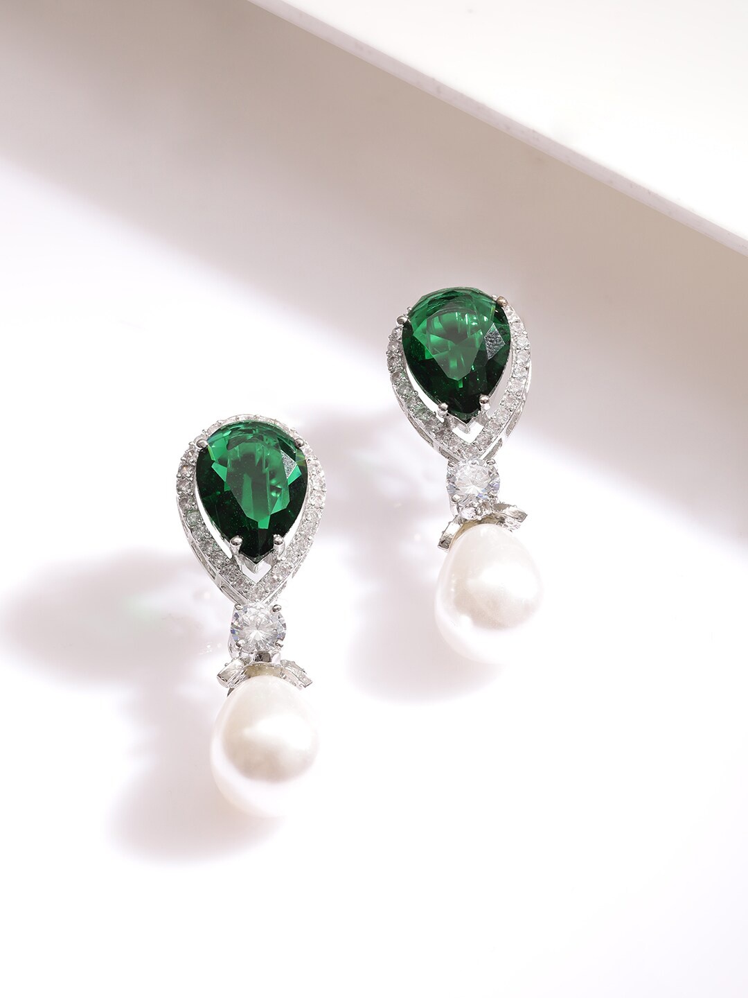 

Rubans Silver-Plated Cubic Zirconia Studded Oval Studs Earrings