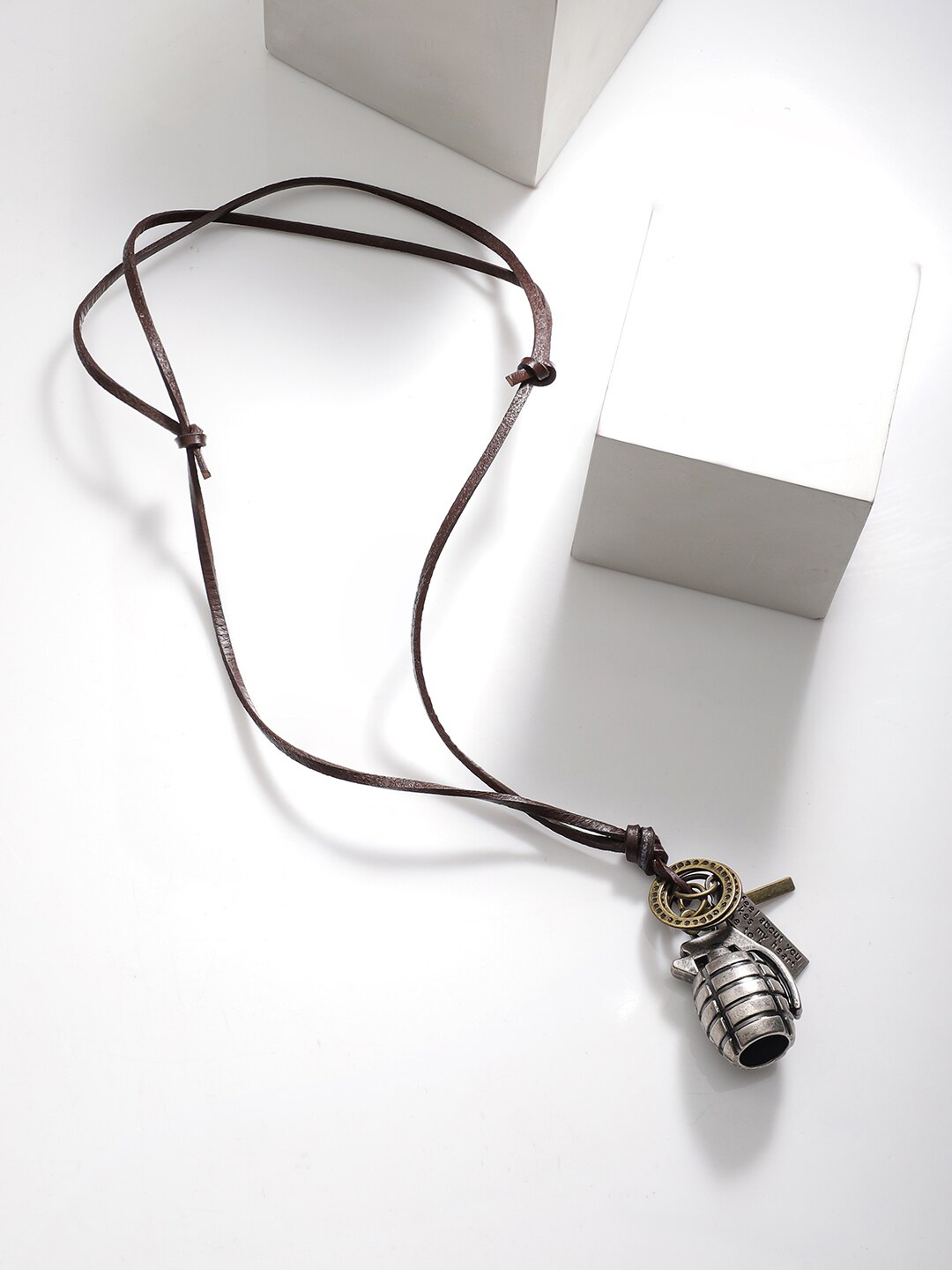 

Rubans Voguish Antique Silver & Gold Tone Grenade Pendant with Brown Leather Cord
