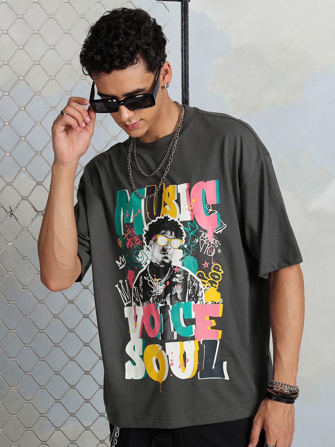 

HIGHLANDER Printed Oversized Cotton T-shirt, Grey