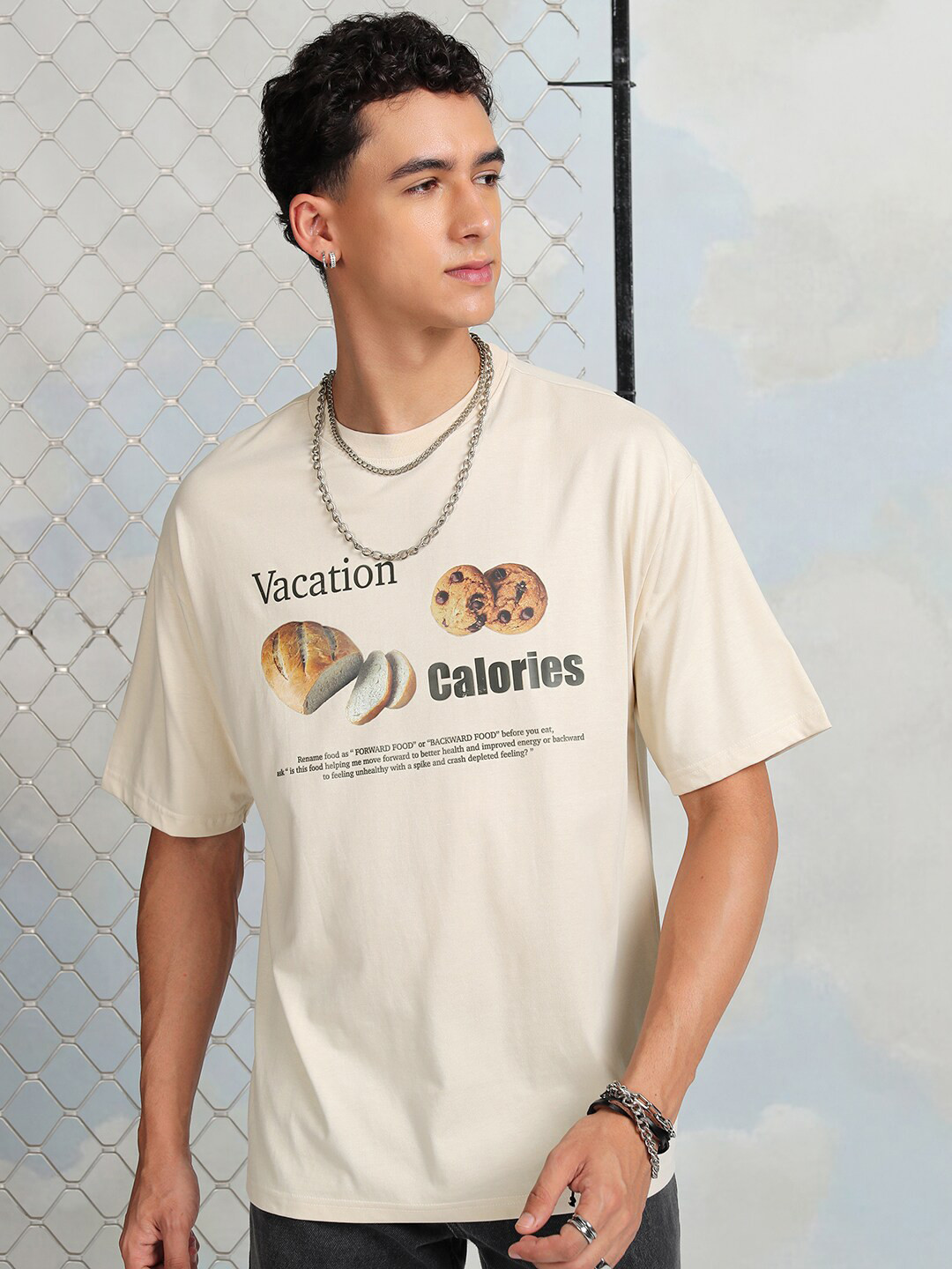 

HIGHLANDER Typography Printed Relaxed Fit Drop-Shoulder Sleeves Cotton T-shirt, Cream