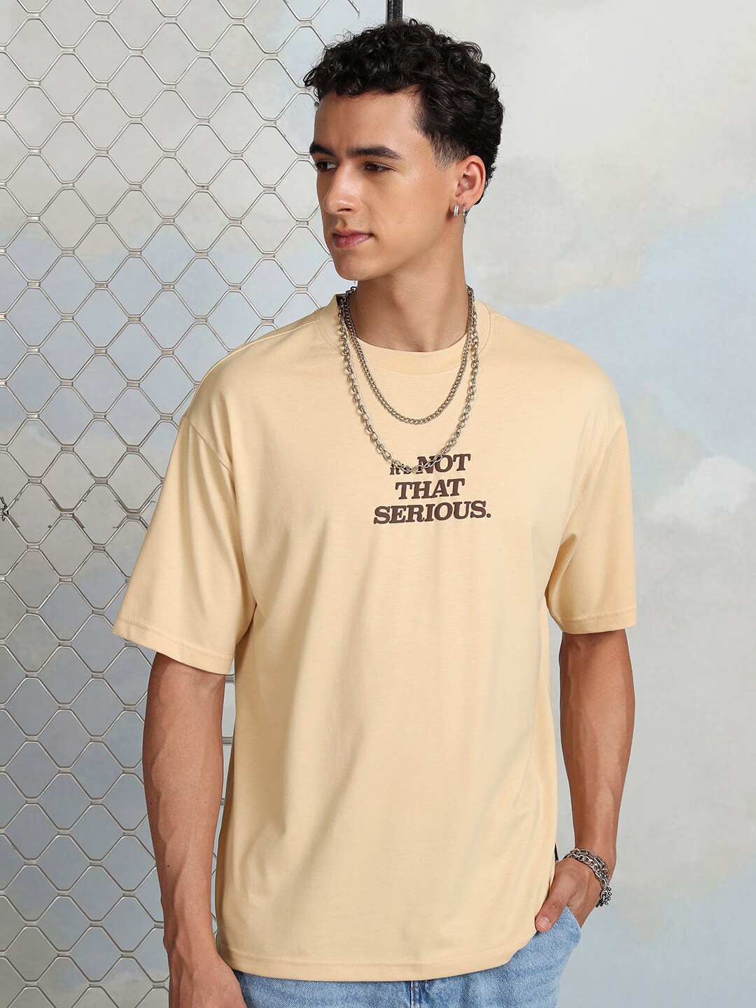 

HIGHLANDER Typography Printed Relaxed Fit Round Neck Cotton T-shirt, Beige