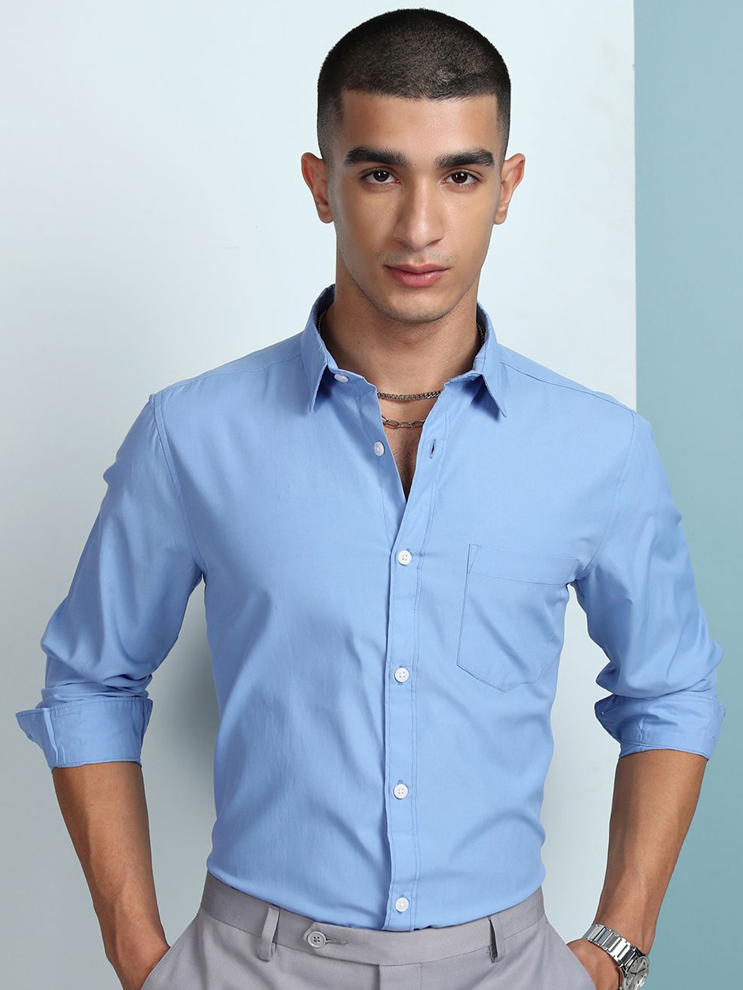 

HIGHLANDER Men Office Regular Fit Regular Collar Full Sleeves Shirt, Blue