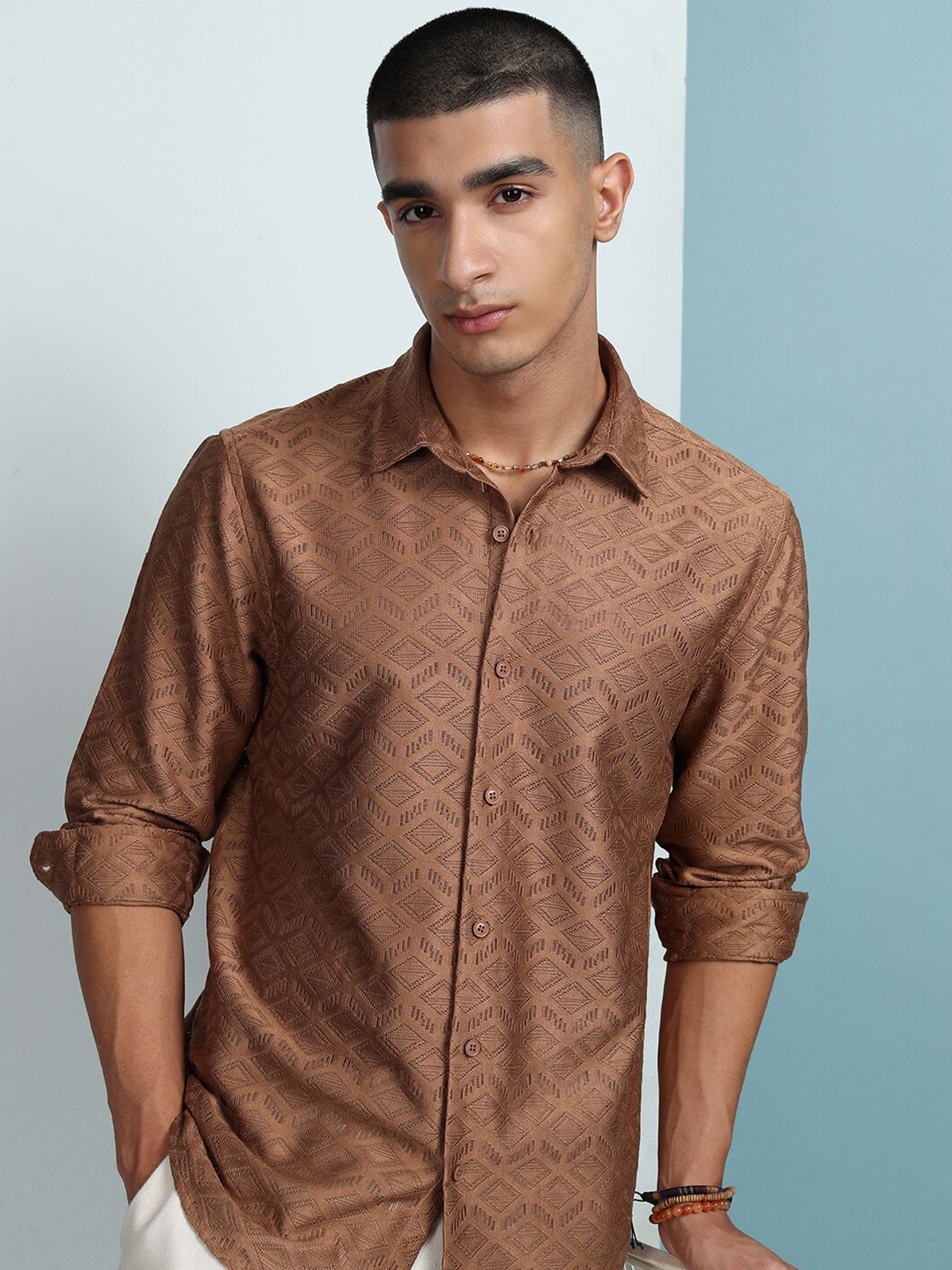 

HIGHLANDER Textured Crochet Relaxed Shirt, Brown