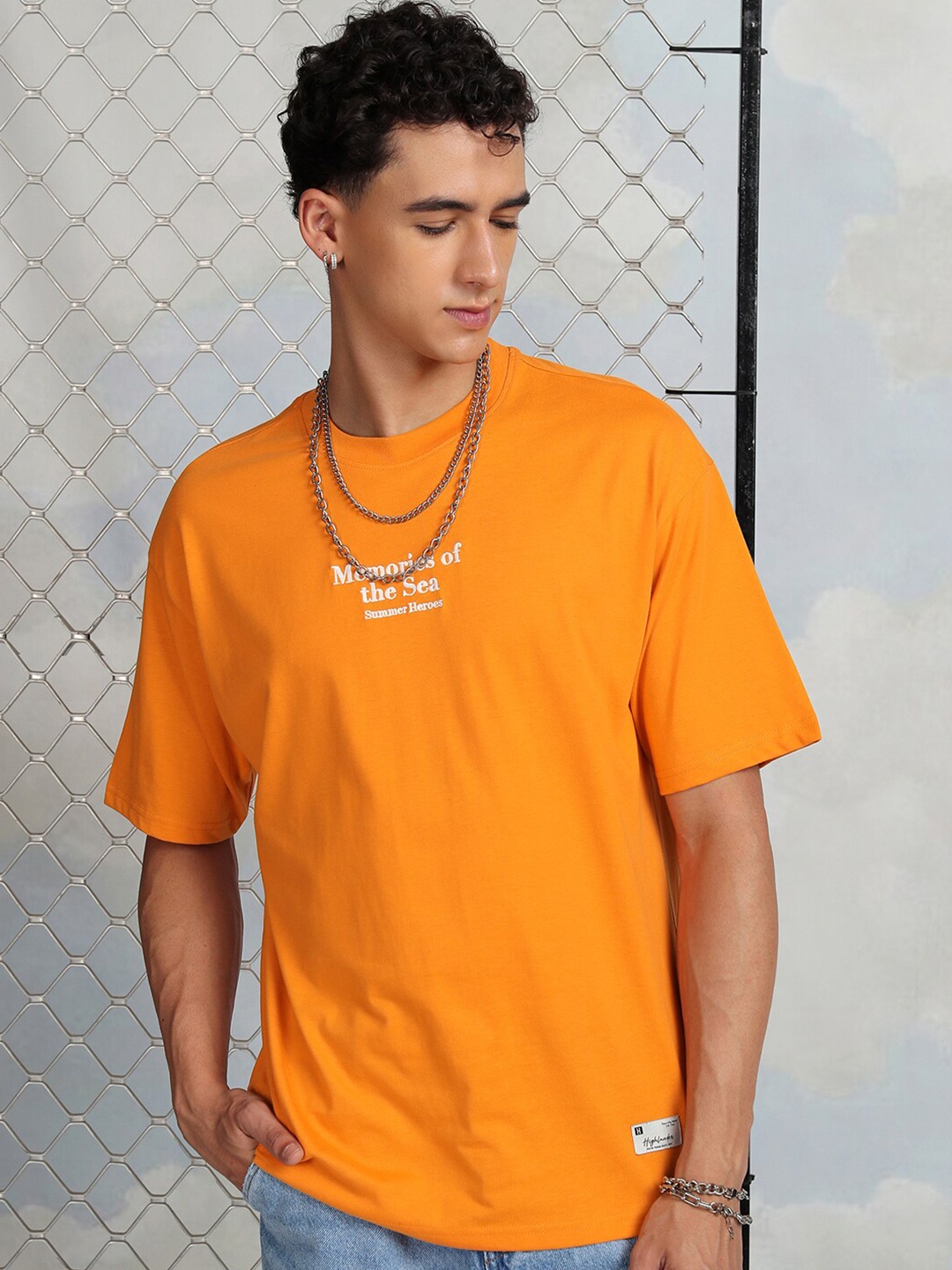 

HIGHLANDER Typography Printed Relaxed Fit Drop-Shoulder Sleeves Cotton T- Shirt, Orange