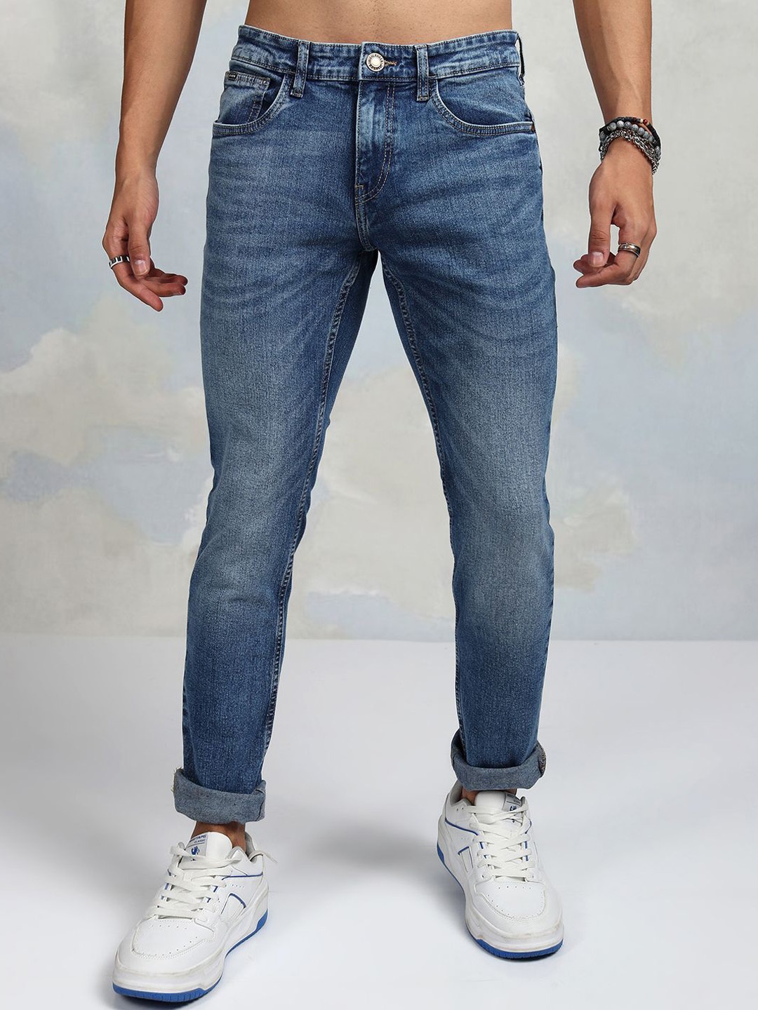 

HIGHLANDER Men Slim Fit Low Distress Heavy Fade Stretchable Jeans, Blue