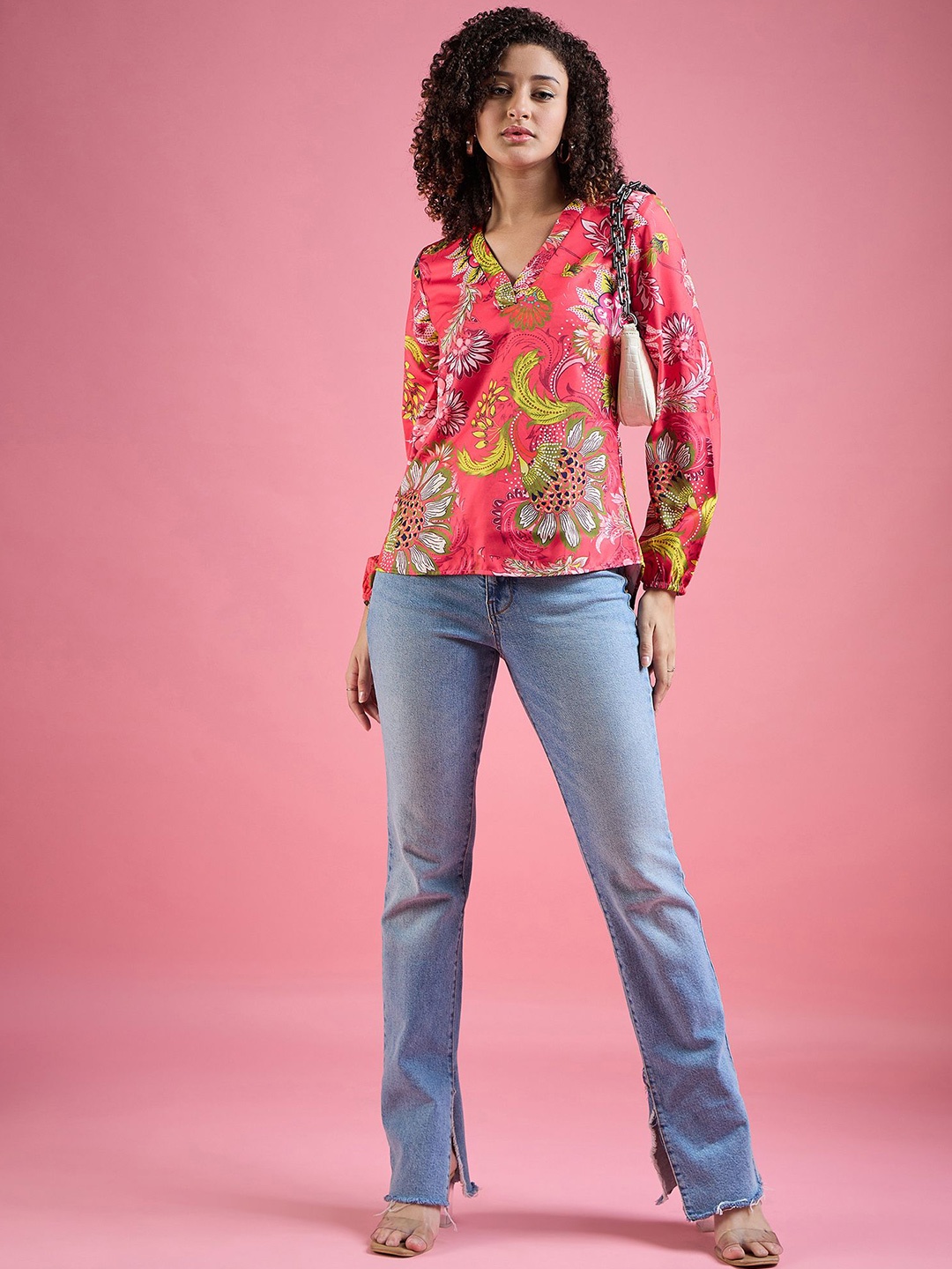 

DressBerry Floral Printed Cuffed Sleeves Wrap Top, Red