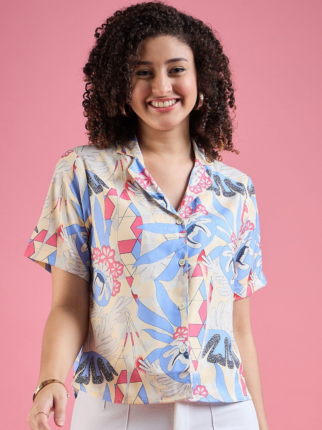 

DressBerry Blue Abstract Printed Cuban Collar Casual Shirt