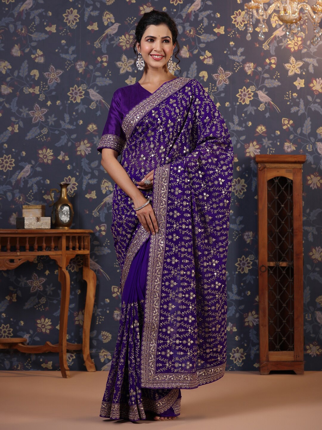 

House of Pataudi Embroidered Pure Georgette Saree, Violet
