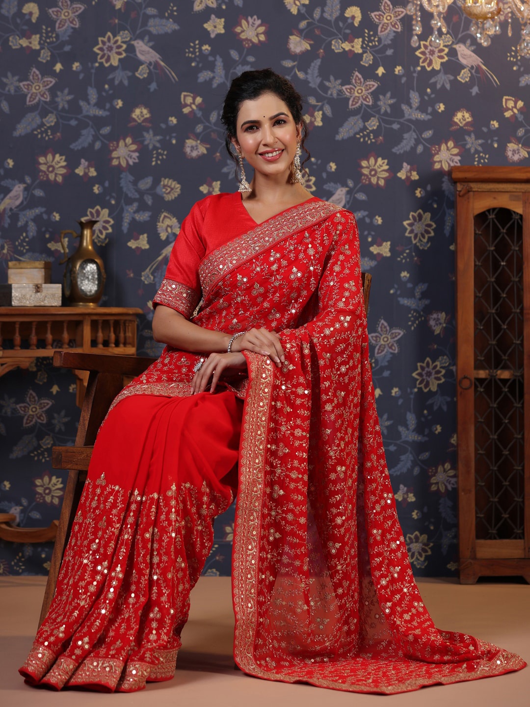 House of Pataudi Embroidered Pure Georgette Heavy Work Saree, Red