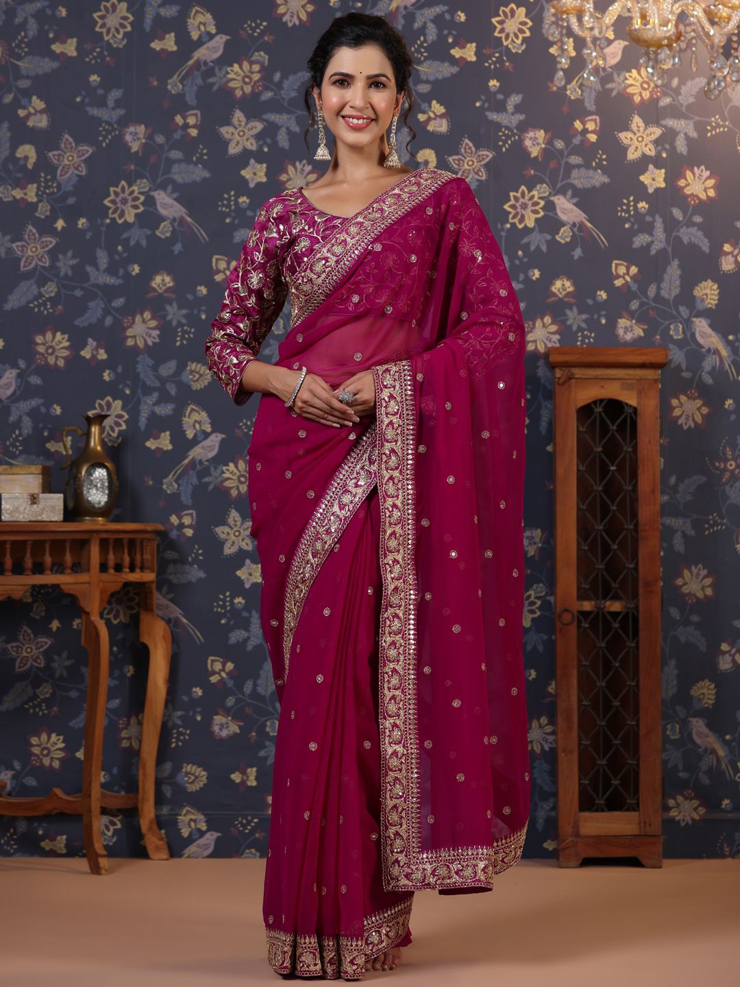 House of Pataudi Embroidered Saree With Blouse Piece, Burgundy