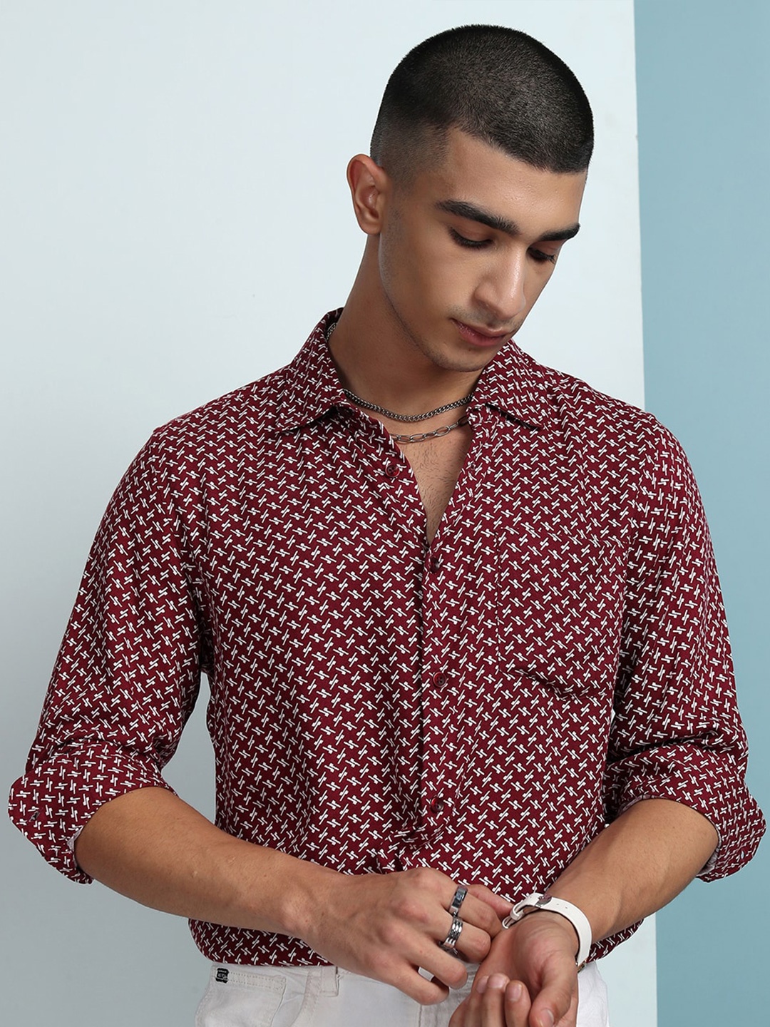 

KETCH Regular Collar Full Sleeve All Over Printed Shirt, Maroon