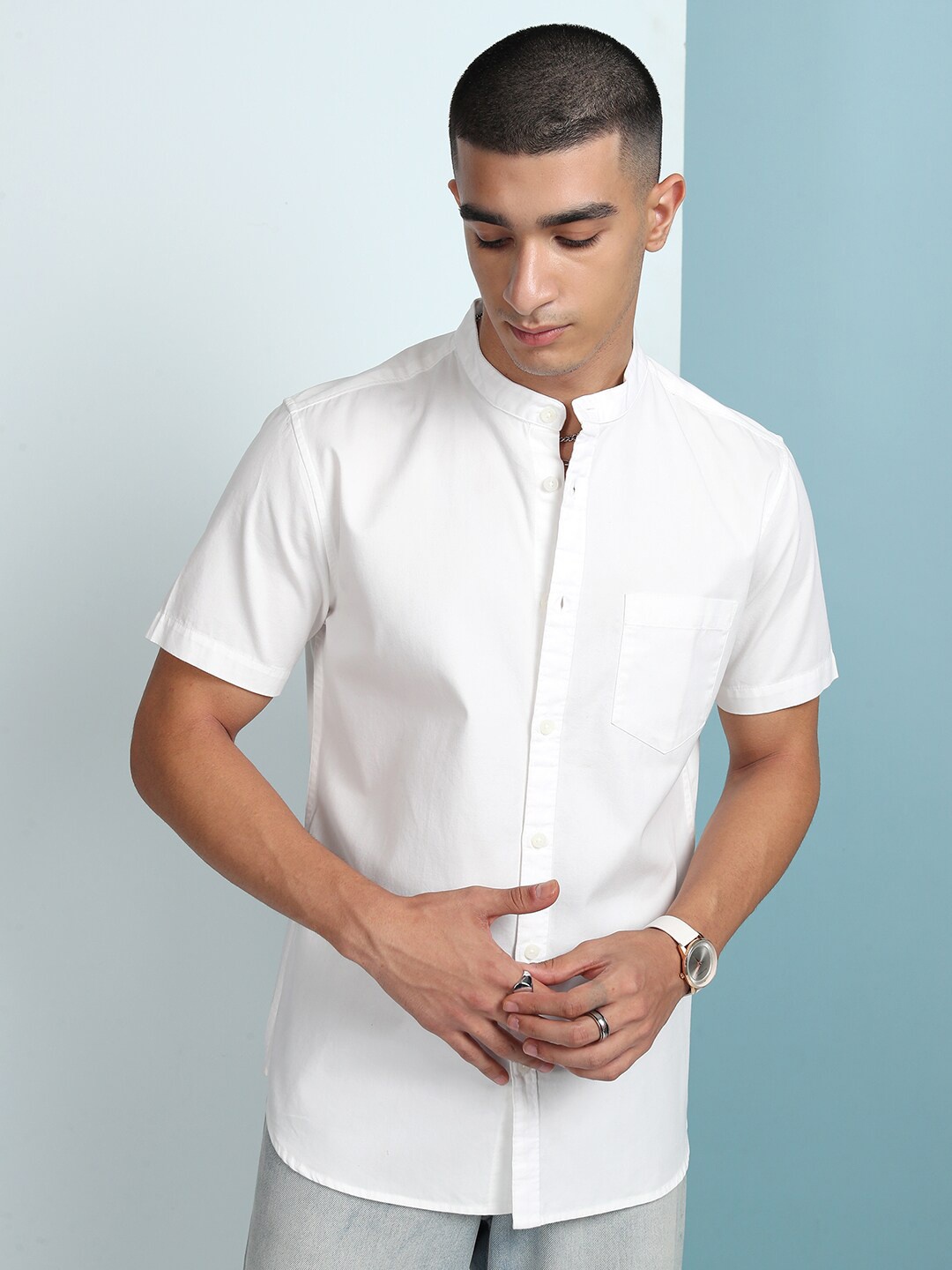 

KETCH Men Mandarin Collar Half Sleeve Solid Casual Shirt, White