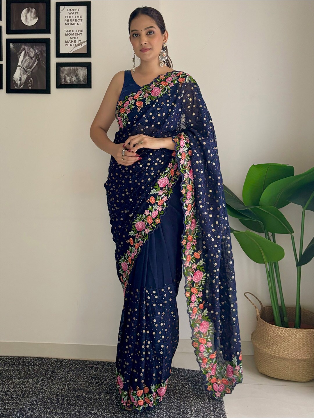 

Anouk Ethnic Motifs Sequinned Pure Georgette Saree, Blue