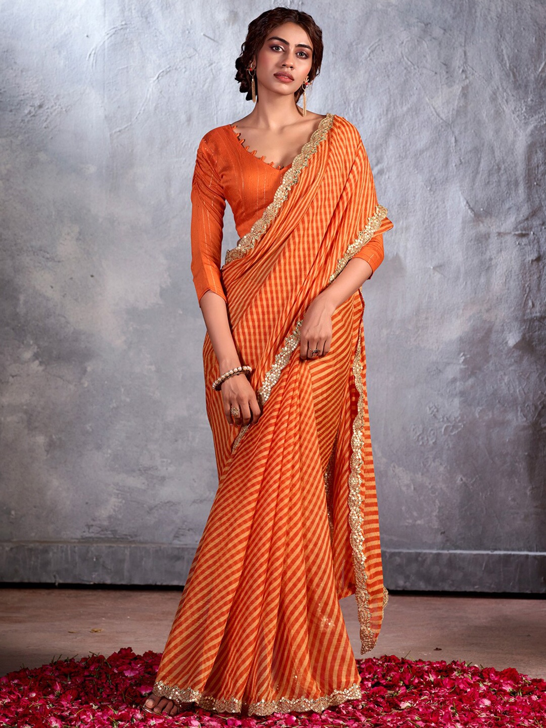 

Anouk Striped Sequinned Pure Chiffon Saree, Orange