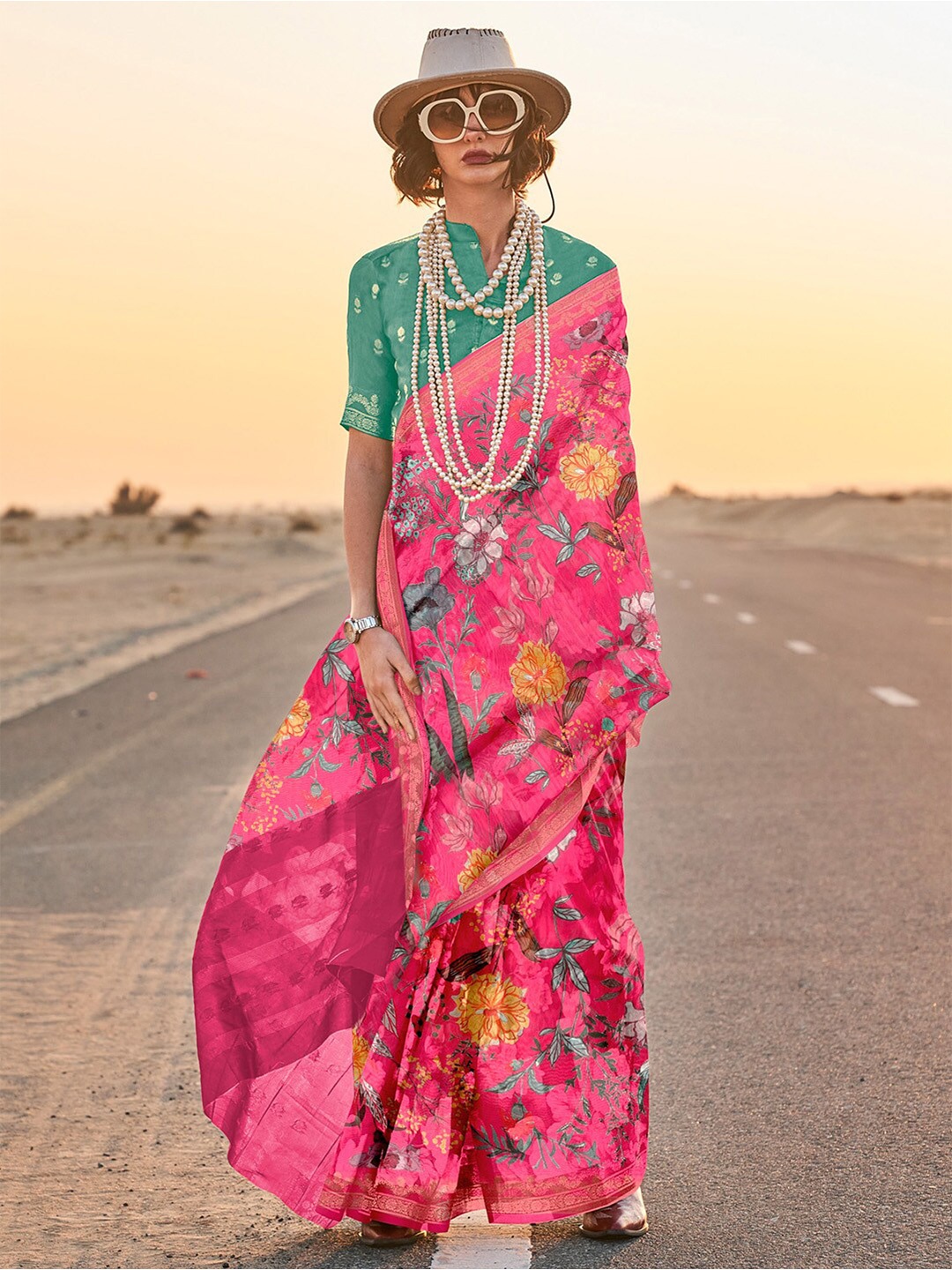 

Anouk Floral Zari Tissue Saree, Pink