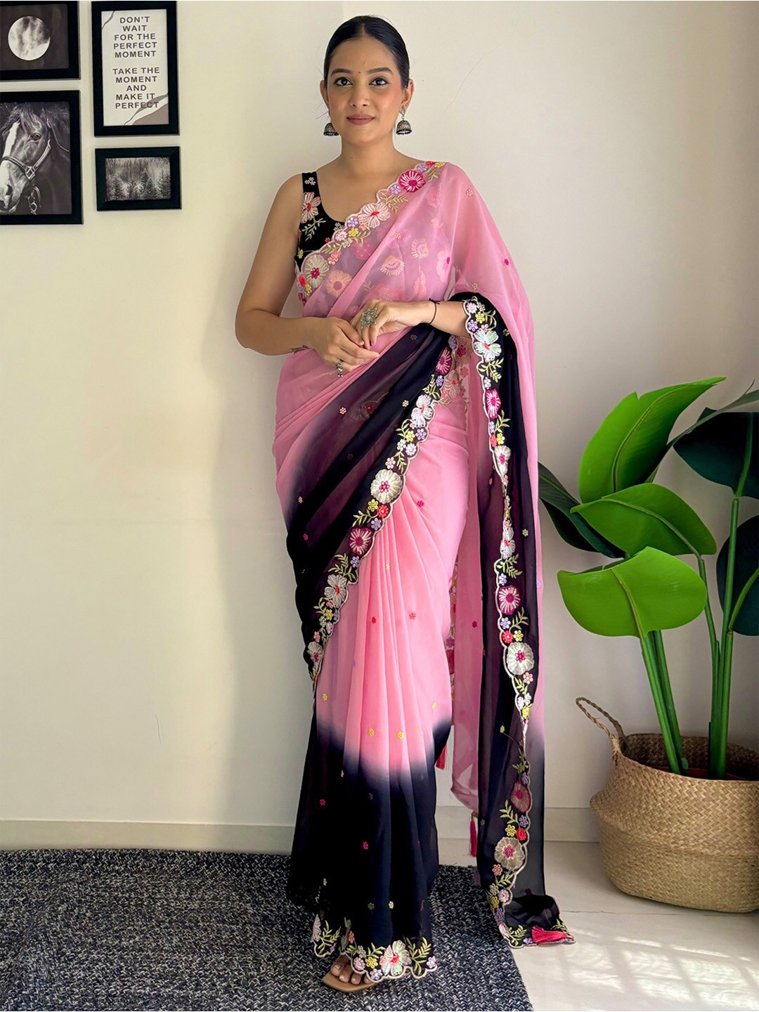 

Anouk Ethnic Motifs Sequinned Pure Georgette Saree, Pink