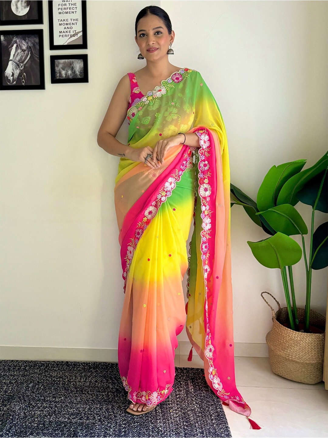 

Anouk Floral Sequinned Pure Georgette Holi Saree, Green