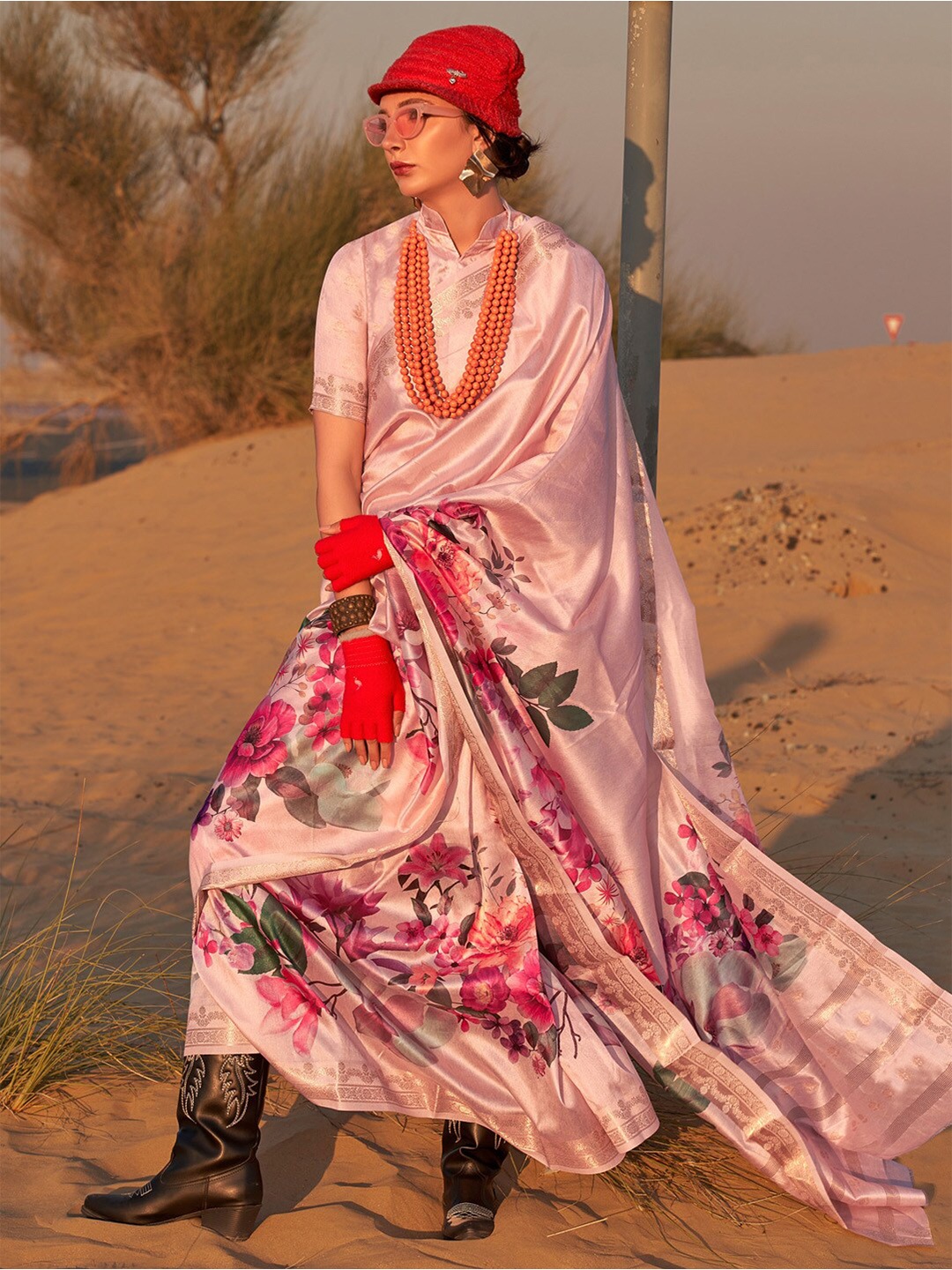 

Anouk Floral Zari Tissue Sungudi Saree, Pink