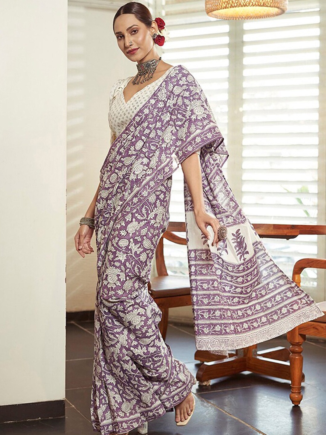 

Anouk Ethnic Motifs Pure Cotton Saree, Lavender